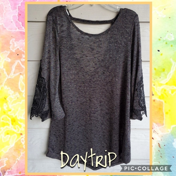 Buckle 3/4 Lace-sleeve Scoop Neck V-back Shimmery Rainbow Metallic Thread Tunic - Picture 2 of 16
